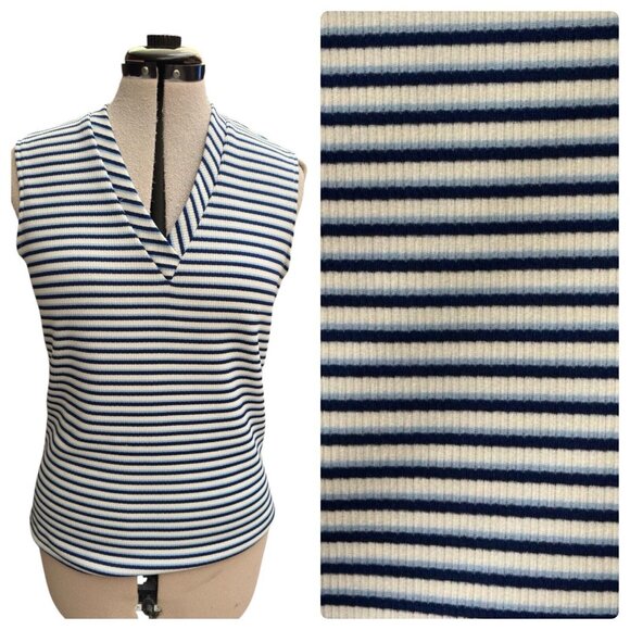 Vintage Sleeveless V Neck Polyester Shirt Striped Navy, Light Blue, White Sz 14 - Picture 1 of 10